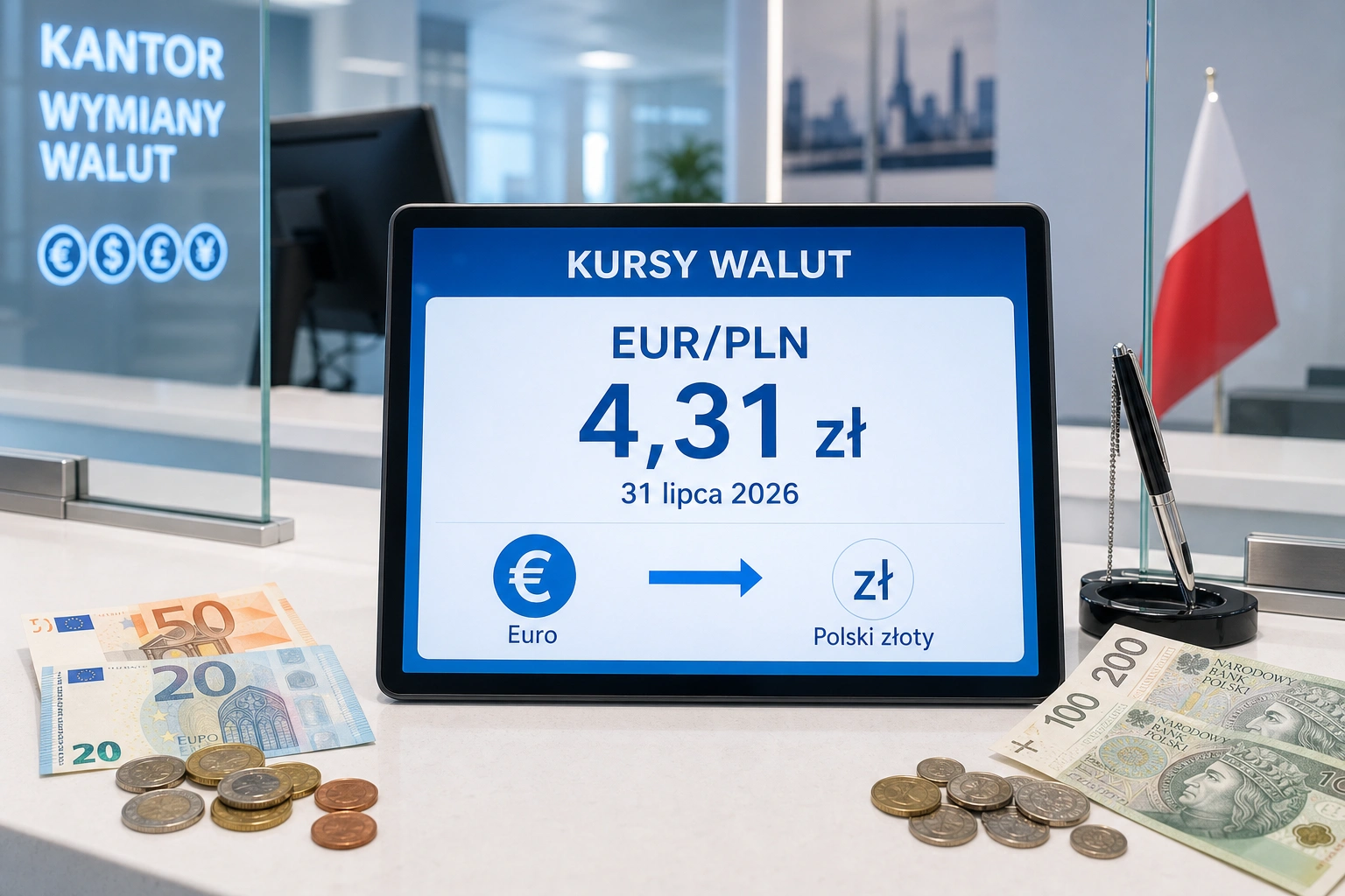 Euro exchange rate on July 31, 2026. EUR/PLN at 4,31 zł