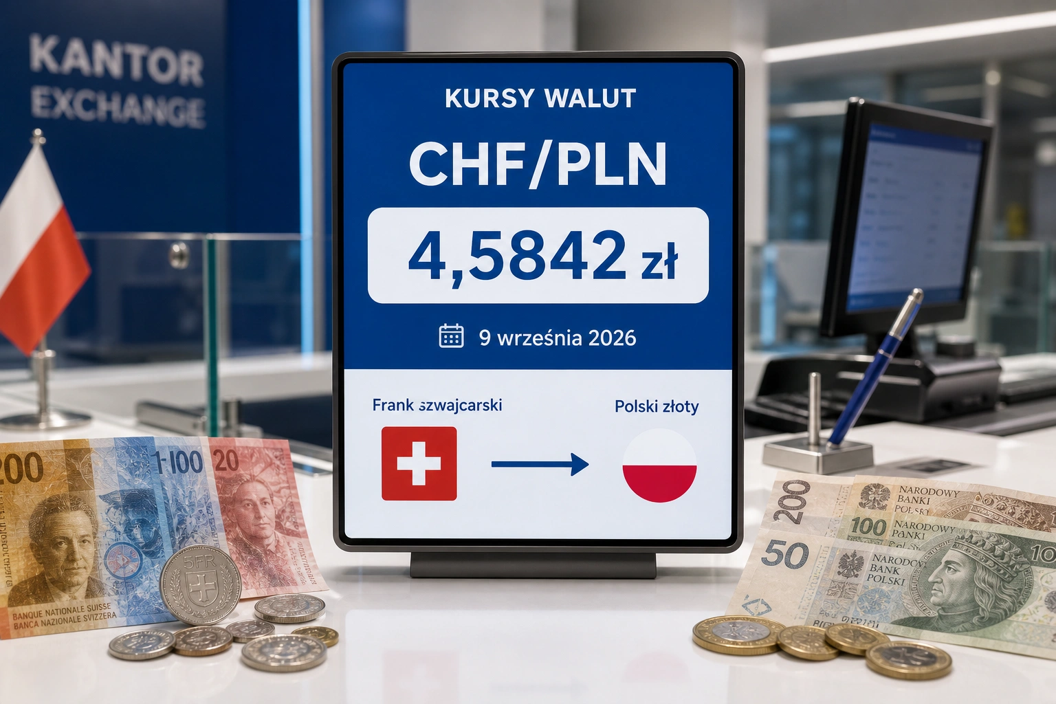 Курс швейцарського франка 9 вересня 2026 р. CHF/PLN трохи зростає до 4,5842 zł