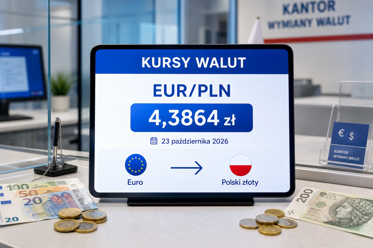 Euro rate on October 23, 2026. EUR/PLN rises to 4,3864 zł